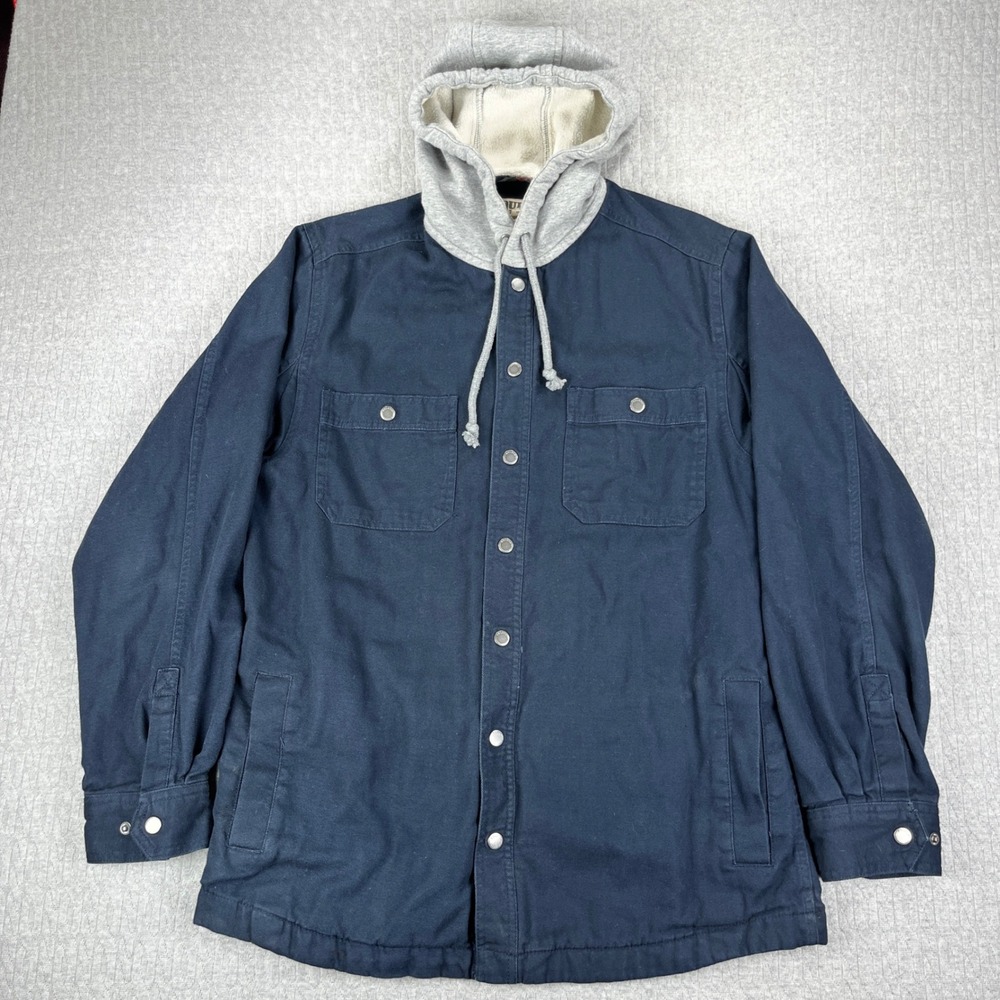 Duluth Trading Co Canvas Hooded Jacket Mens M Navy Blue Flannel Lined Workwear